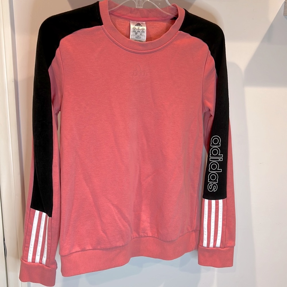 🩷 Adidas Coral/Black/White Stripe Pullover Sweatshirt Size Small